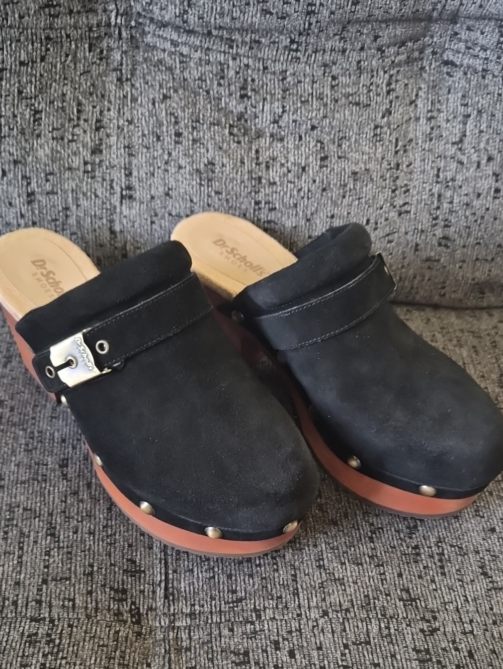 Dr. Scholl's Black Suede Clog Mules with Tan Wood-Look Sole
